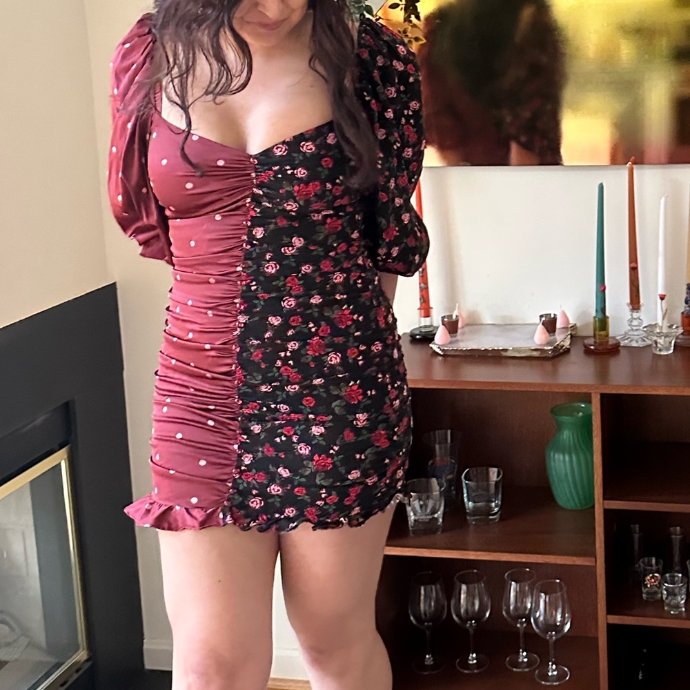 For Love & Lemons | Cher Ruched Polka Dot Floral Sweetheart Dress